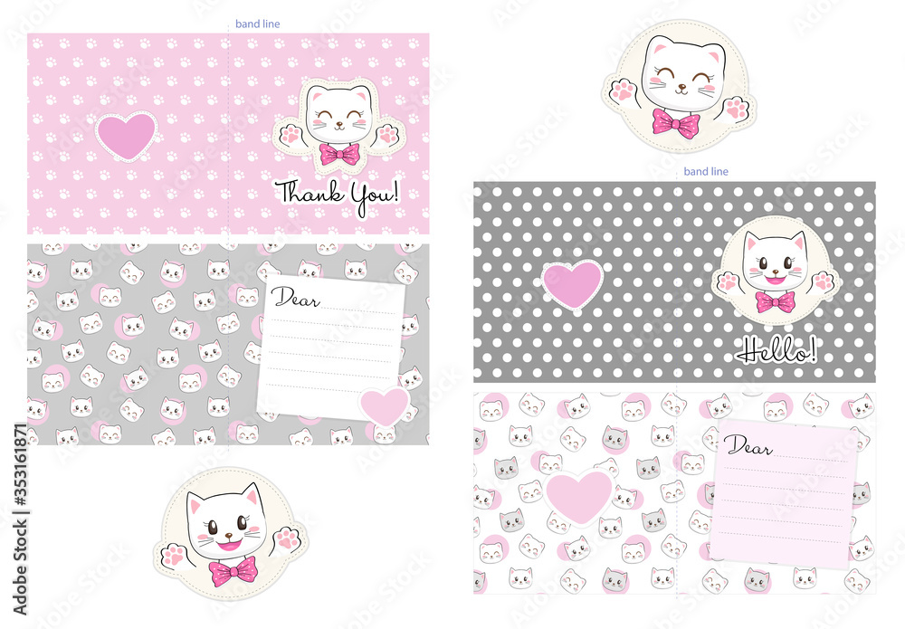2-sided Postcard Template. Set of gratitude card, celebration card with kittens and hearts. Cute cat theme. Duplex posters. 2-sided Postcard Template. Set of gratitude card, celebration card with kittens and hearts. Cute cat theme. Duplex posters.
