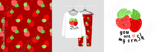 Seamless pattern and illustration set with strawberries, You are my crush