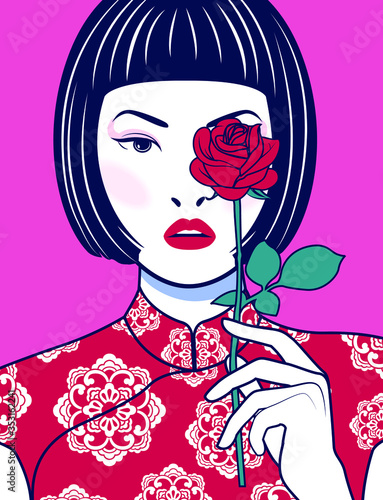Beautiful Chinese Lady covering her eye with a red rose flower on pink background. Vector, Illustrator.