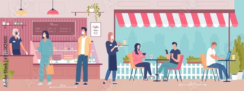 Young people rest in the cute modern cafe terrace in quarantine time