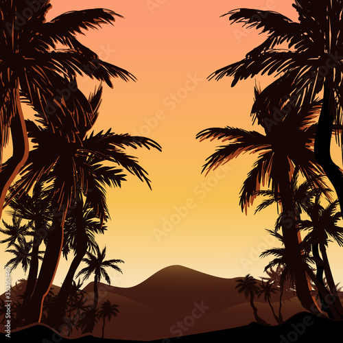 Tropical landscape background with sunset in exotic country with palms silhouettes and mountains in desert.