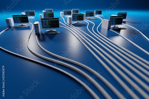 Computer network, cloud computing concept on blue background. Digital 3D render.