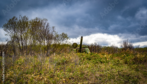 Soviet tank T-34 .. World War II. Karafuto. Coastline defense. Sakhalin photo