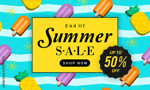 End of summer sale background Vector illustration. ice pop and pineapple pattern and blue lines background 