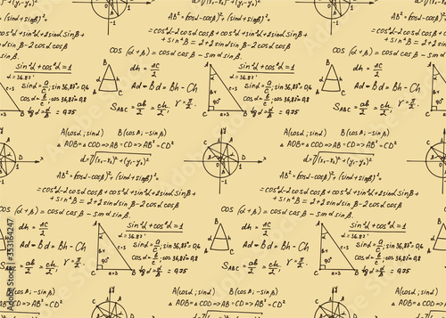 Vector seamless pattern with trigonometric formulas and equations on kraft paper. Old college math notation. Educational and scientific vintage background.
