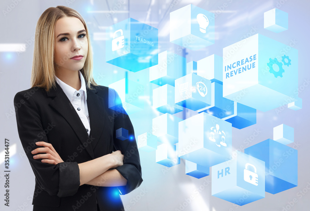 Business, Technology, Internet and network concept. Young businessman working on a virtual screen of the future and sees the inscription: Increase revenue Business, Technology, Internet and network concept. Young businessman working on a virtual screen of the future and sees the inscription: Increase revenue