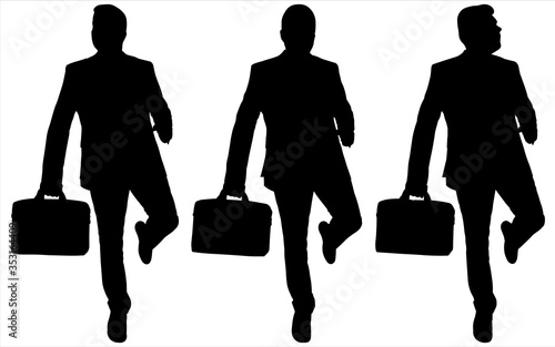 Vector illustration of a young successful businessman with a suitcase, a diplomat in hand. Large-sized man in a business suit in motion, running late. Runs away and turns around. Black silhouettes.