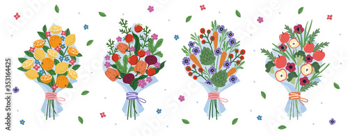 Set of botanical bouquets with fruits and vegetables. Modern illustration.