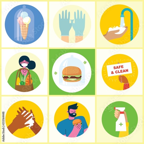 Set of posters with hands washed clean. Meal protected from virus. Healthcare purpose set of illustration. Vector illustration in flat style. Corona virus protection concept. Health care.