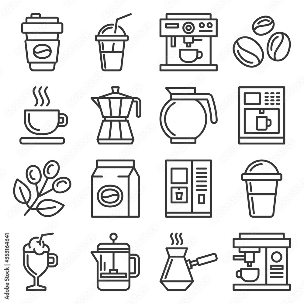 Coffee Icons Set on White Background. Line Style Vector