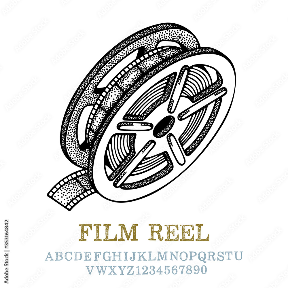 Film reel. Vintage style cinematographic emblem hand drawing. Film reel