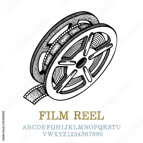 Film reel. Vintage style cinematographic emblem hand drawing. Film reel engraving style vector illustration. Film reel sketch drawing. Part of set.