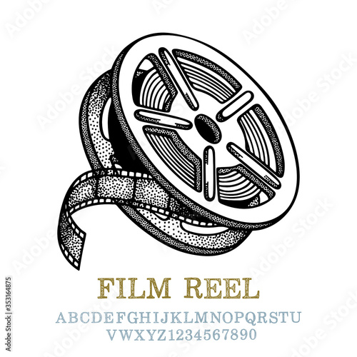 Film reel. Vintage style cinematographic emblem hand drawing. Film reel engraving style vector illustration. Film reel sketch drawing. Part of set.