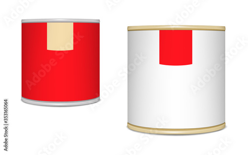 Silver and golden colored round tin can with paper label, vector mockup. Canned food cylinder container packaging, template