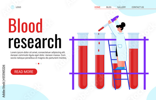 Blood research and hematology analysis site banner, cartoon vector illustration.