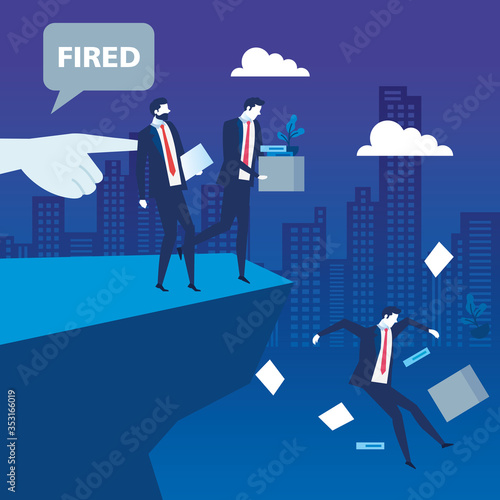 businessmen sad fired in precipice , dismissal, unemployment, jobless and employee job reduction concept vector illustration design