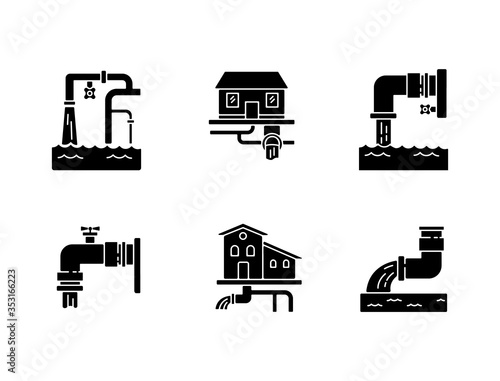 Drainage pipe system black glyph icons set on white space. Home sanitation service. Pipeline structure for waste water. House utility. Silhouette symbols. Vector isolated illustration
