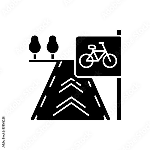 Bicycle lane black glyph icon. Path to exercise on bike. Pedestrian street. Road for fitness activity. Sidewalk for pedal vehicle. Silhouette symbol on white space. Vector isolated illustration