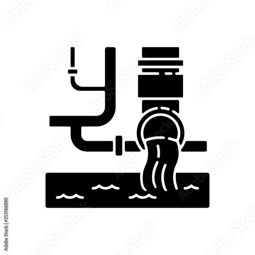 Water supply black glyph icon. Urban resource management. Sanitation pipe system. Pipeline infrastructure. Tap and waste water. Silhouette symbol on white space. Vector isolated illustration