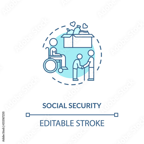 Social security concept icon. People in need help. Old age pensioners support. Caregiving service. Food donation idea thin line illustration. Vector isolated outline RGB color drawing. Editable stroke