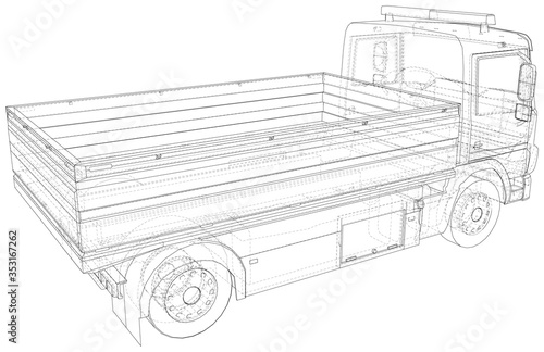 Flatbed truck vector. Trucking vehicle transportation towage. Help on road. Wire-frame. The layers of visible and invisible lines are separated. EPS10 format.