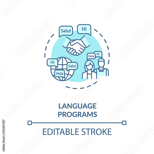 Language programs concept icon. Native speaker lesson. Multilingual society. Linguistics university idea thin line illustration. Vector isolated outline RGB color drawing. Editable stroke