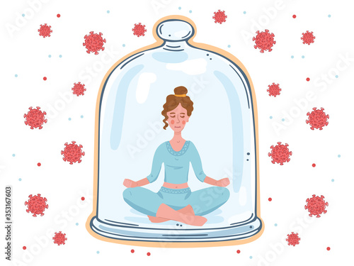A girl under a glass dome inaccessible to viruses. Girl in a pose for meditation.