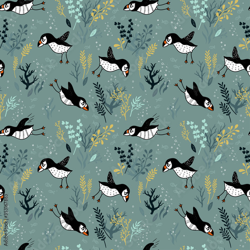 Cute hand drawn puffin seamless pattern, lovely doodle birds background, great for textiles, banners, wallpapers - vector design