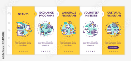 Worldwide exchange onboarding vector template. Education grant. Volunteer mission. Transfer student. Responsive mobile website with icons. Webpage walkthrough step screens. RGB color concept