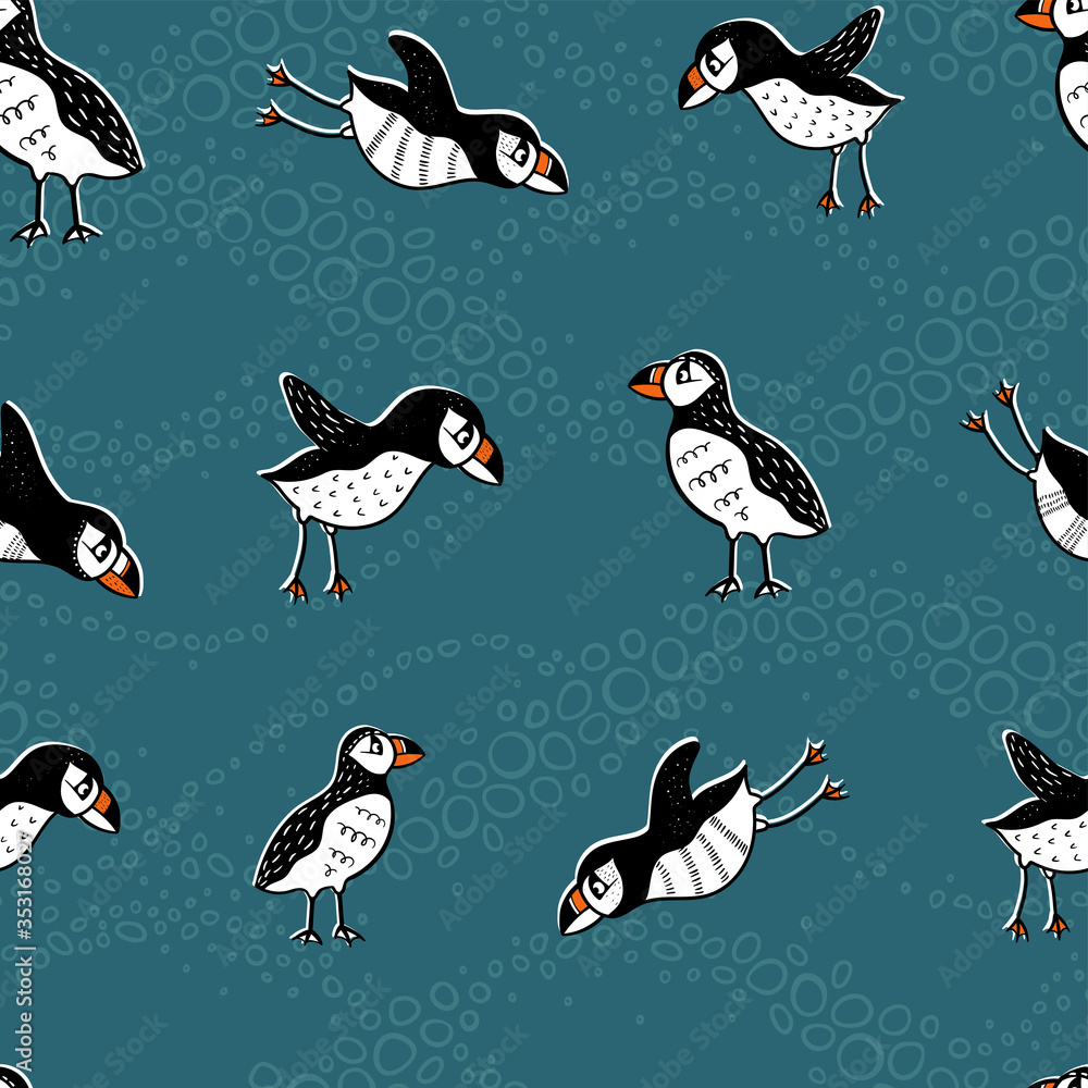 Fototapeta premium Cute hand drawn puffin seamless pattern, lovely doodle birds background, great for textiles, banners, wallpapers - vector design