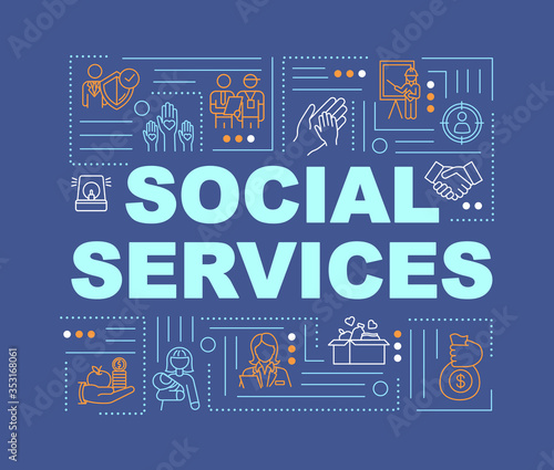 Public services word concepts banner. Social worker assistance. Government support. Infographics with linear icons on blue background. Isolated typography. Vector outline RGB color illustration