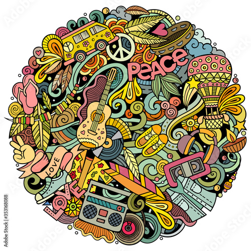 Hippie hand drawn vector doodles round illustration. Hippy poster design.
