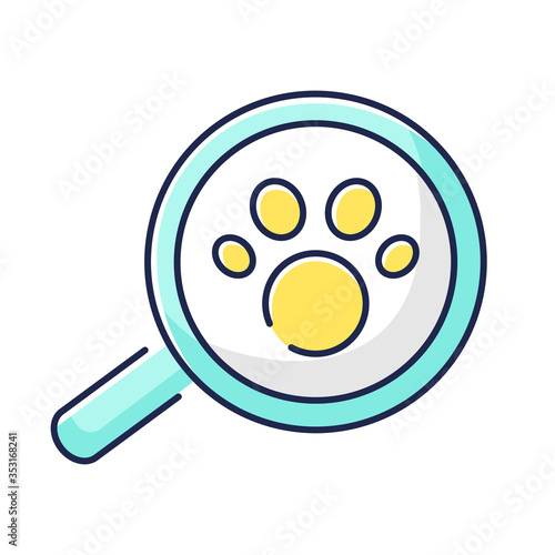 Zoology RGB color icon. Natural science, wildlife biology, fauna studying, animals tracking. Animal footprint under magnifying glass Isolated vector illustration