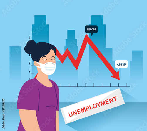 coronavirus, unemployment, jobless from covid 19, company closed and business shut down, woman using face mask and infographic vector illustration design