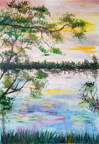 drawn morning landscape with a lake