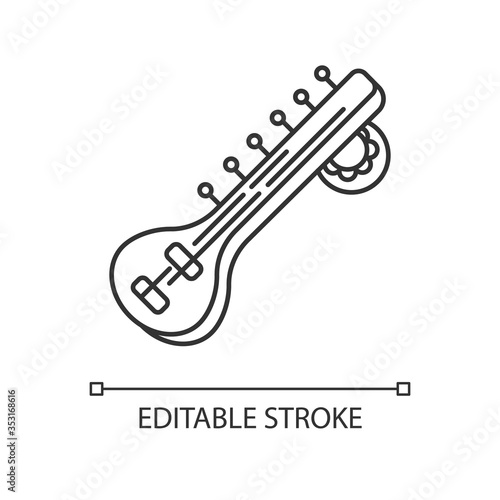 Sitar pixel perfect linear icon. Stringed musical instrument. Hindustani music. Cultural heritage. Thin line customizable illustration. Contour symbol. Vector isolated outline drawing. Editable stroke