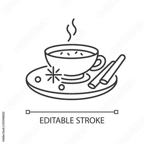 Masala chai pixel perfect linear icon. Indian tea with spices and herbs. Traditional drink. Thin line customizable illustration. Contour symbol. Vector isolated outline drawing. Editable stroke