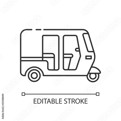 Auto rickshaw pixel perfect linear icon. Tuk-tuk. Indian transport. Traditional vehicle. Thin line customizable illustration. Contour symbol. Vector isolated outline drawing. Editable stroke