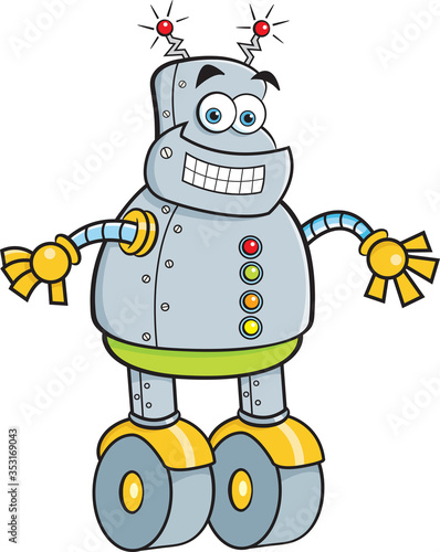 Cartoon illustration of a smiling mechanical robot.