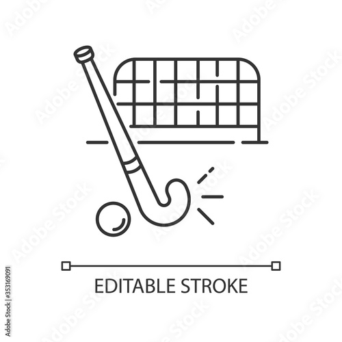 Field hockey pixel perfect linear icon. Indian national game. Sports equipment and goals. Thin line customizable illustration. Contour symbol. Vector isolated outline drawing. Editable stroke