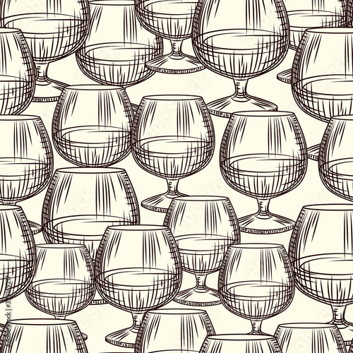 Hand drawn snifter glass seamless pattern. Glass of brandy or cognac sketch wallpaper.