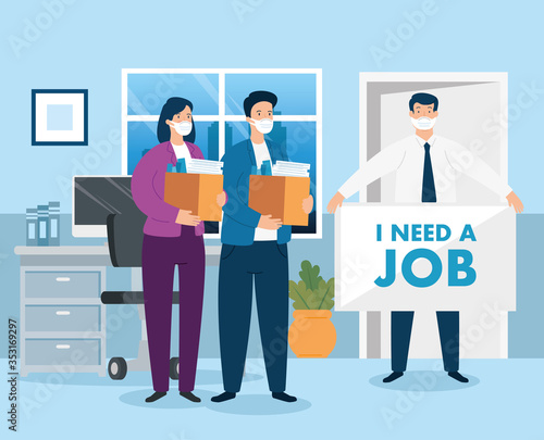 business people using face mask searching work vector illustration design