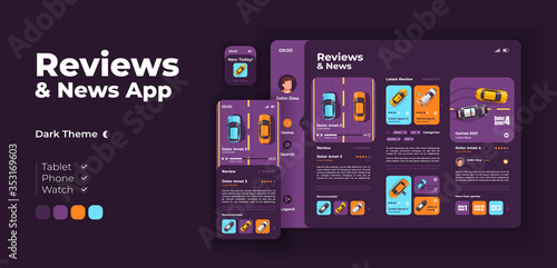 Transport reviews app screen vector adaptive design template. Application night mode interface with flat illustrations. Auto services and games ratings smartphone, tablet, smart watch cartoon UI