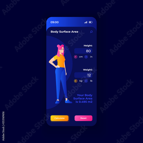 Medical parameters calculation smartphone interface vector template. Mobile app page dark design layout. Body surface area screen. Flat UI for application. Patient proportions on phone display
