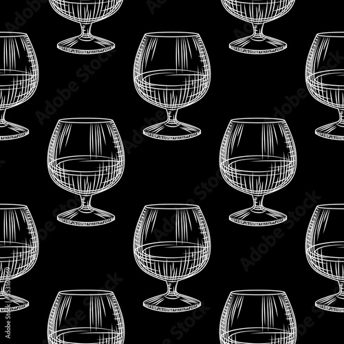 Hand drawn snifter glass seamless pattern. Glass of brandy or cognac on black background.