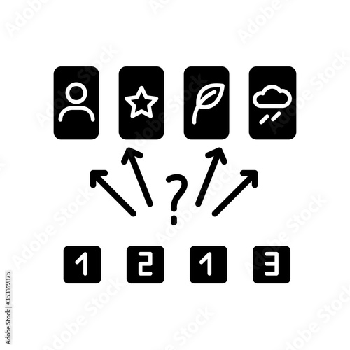 Guess the picture black glyph icon. Entertaining logical game, friendly competitive challenge silhouette symbol on white space. Family party activity, finding matches. Vector isolated illustration