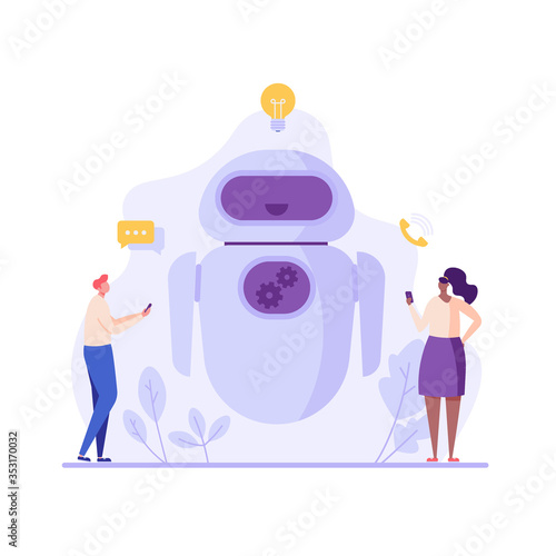 Man and woman use chat bot services. Concept of virtual assistant, business development, sales increase, communication help service, customer service robot. Vector illustration in flat design