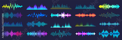Colored sound waves collection. Analog and digital audio signal. Music equalizer. Interference voice recording. High frequency radio wave. Vector illustration.