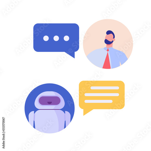 People use chat bot services. Concept of business development, virtual assistant, sales increase, help service, customer service robot. Vector illustration in flat design