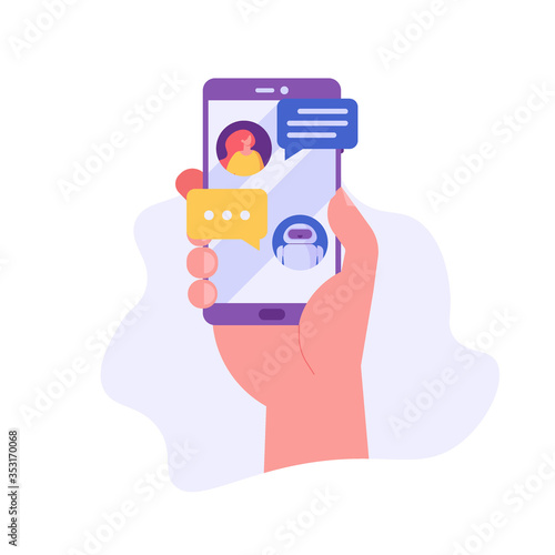 People use chat bot services, hand holds phone with virtual assistant. Concept of business development, sales increase, help service, customer service robot. Vector illustration in flat design